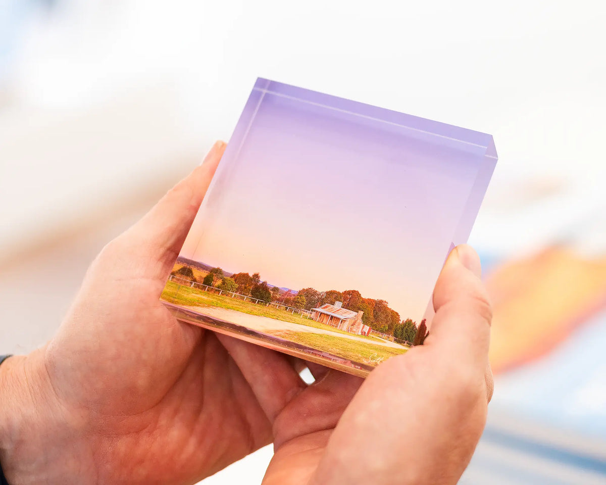 Country Charm acrylic block being held. 