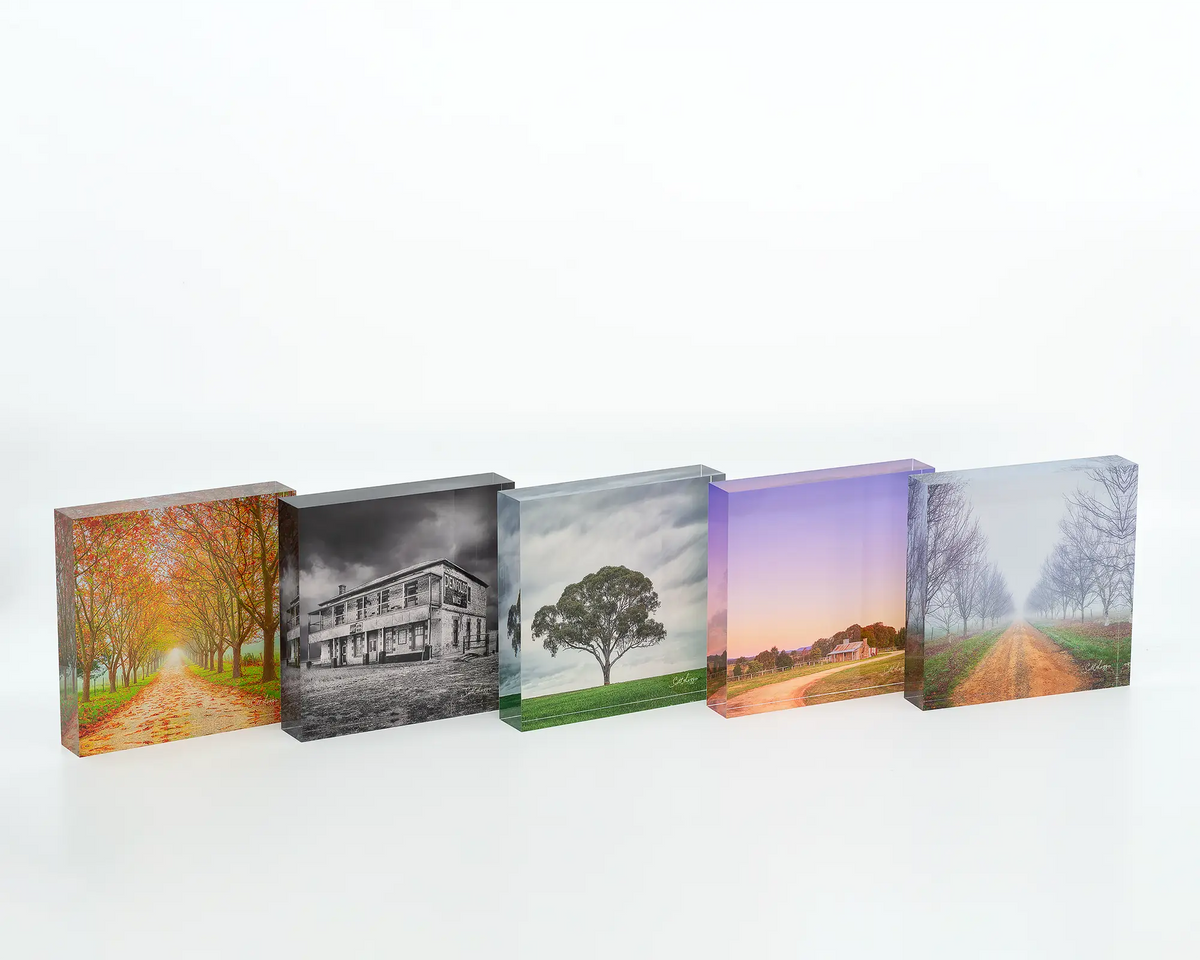 Country charm acrylic block sitting next to other country themes acrylic blocks. 