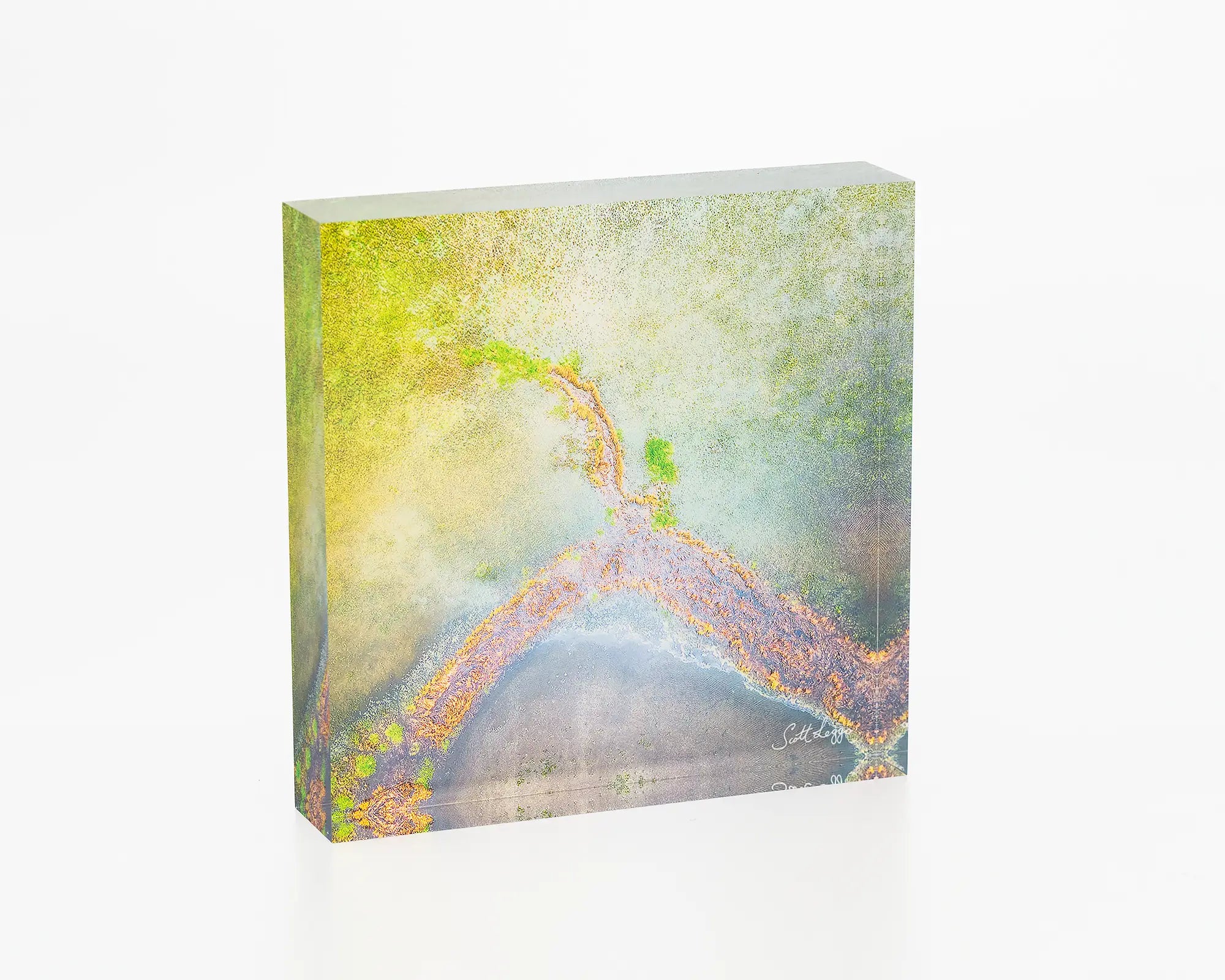 Divergent acrylic block, aerial abstract artwork. 