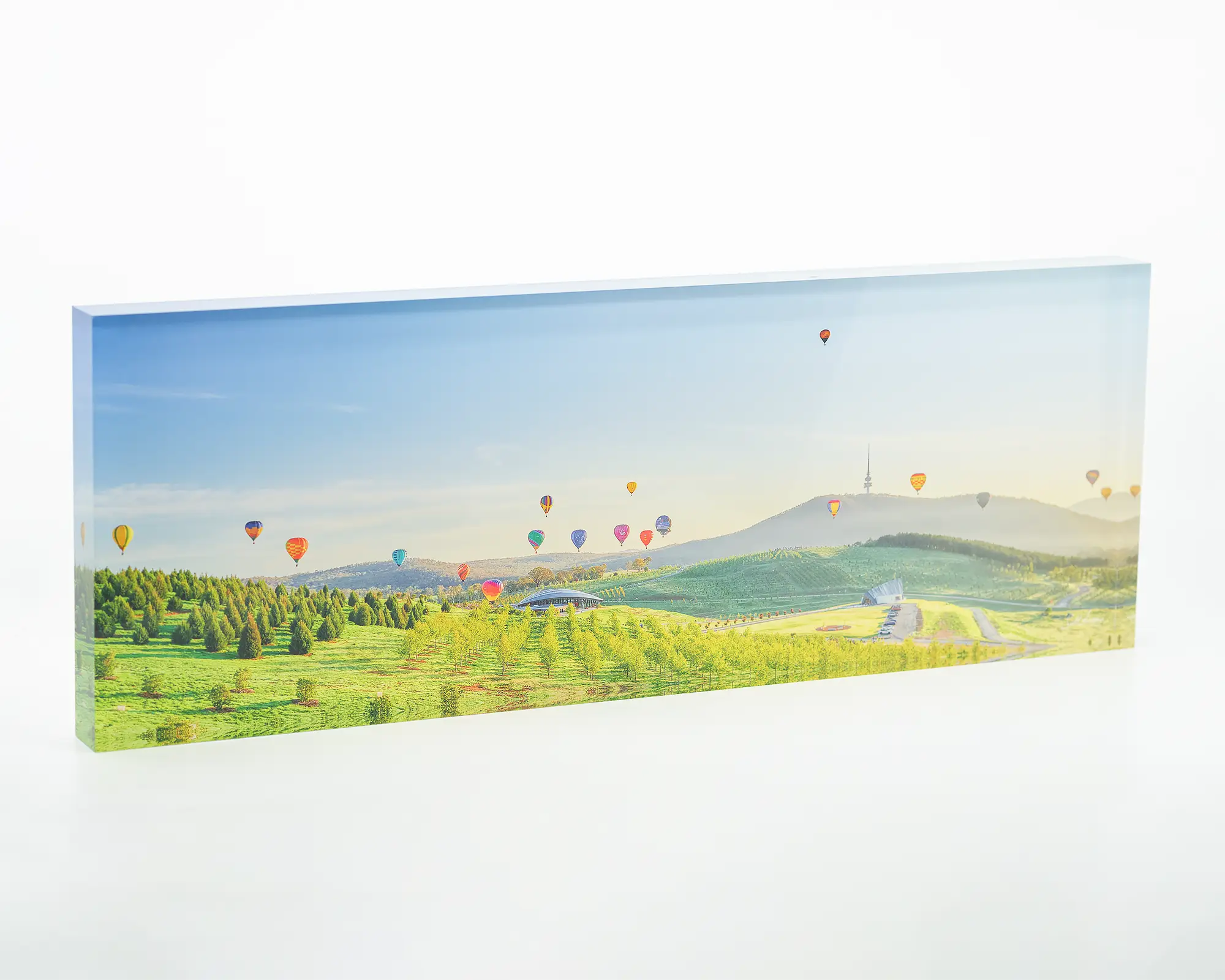 Enlighten acrylic block - hot air balloons over the National Arboretum, Canberra. 