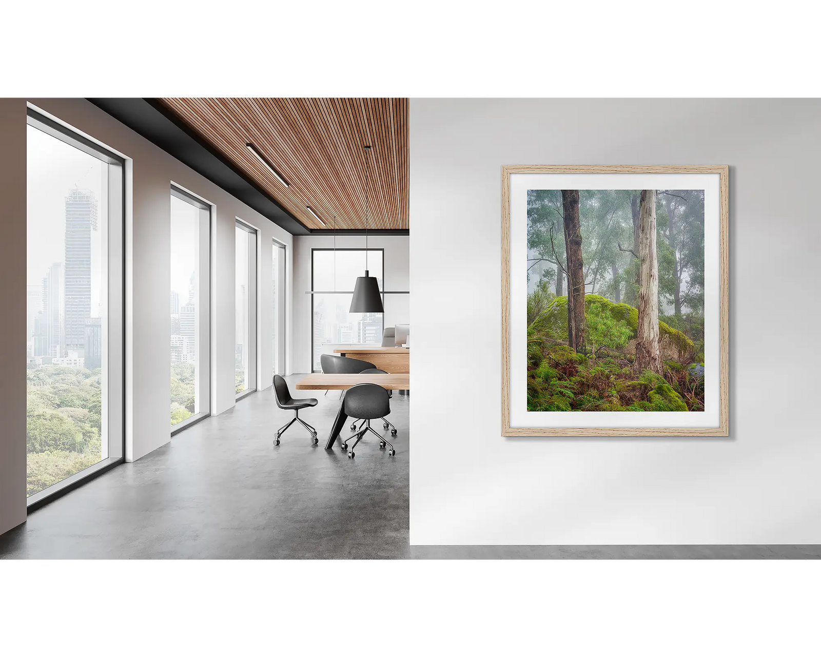Forest Friends. Mount Buffalo wall art in an oak frame, on an office wall.