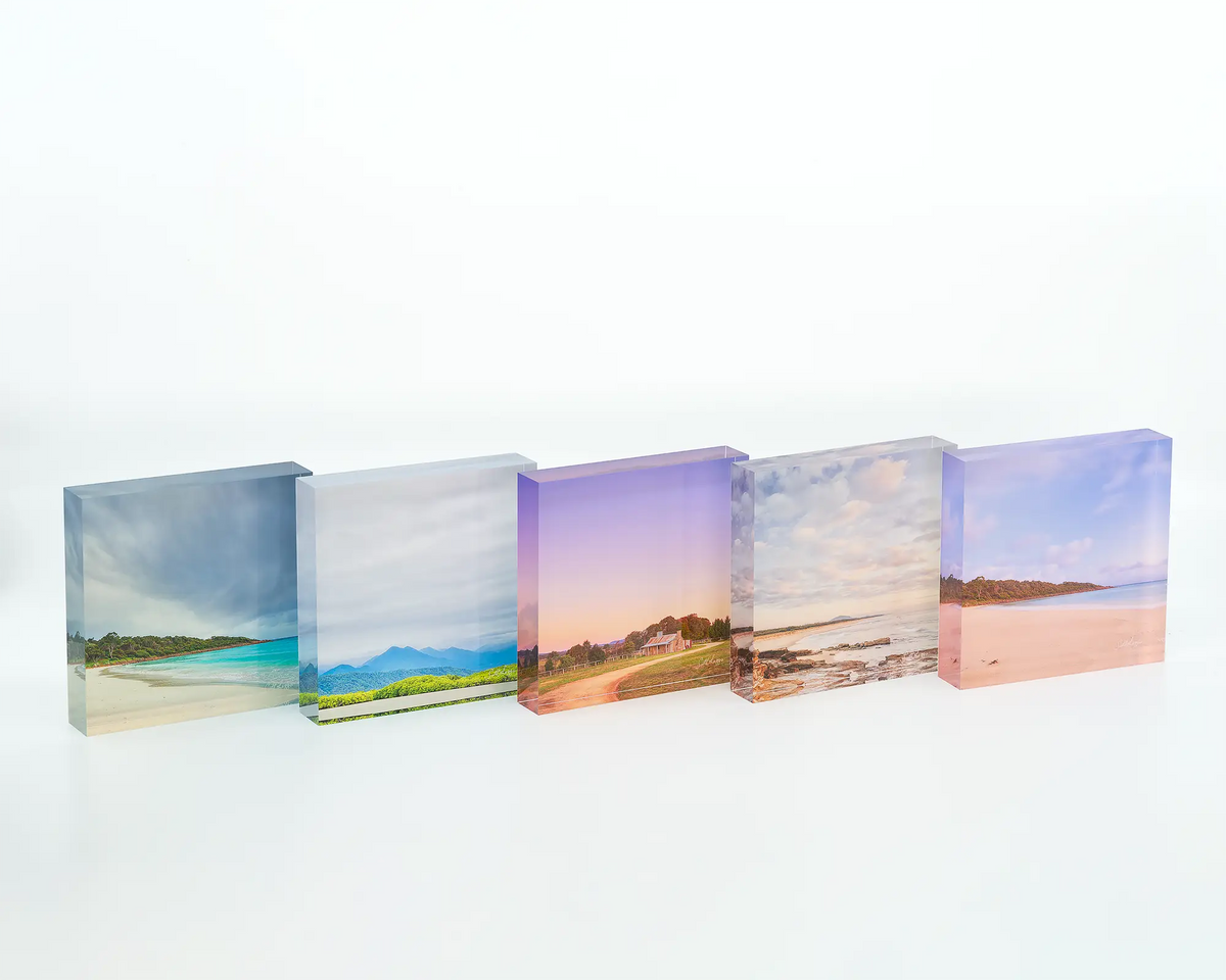 Geographe Calm acrylic block displayed with other coastal artworks.
