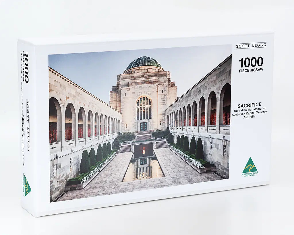 jigsaw puzzle box of landscape photograph of the australian war memorial