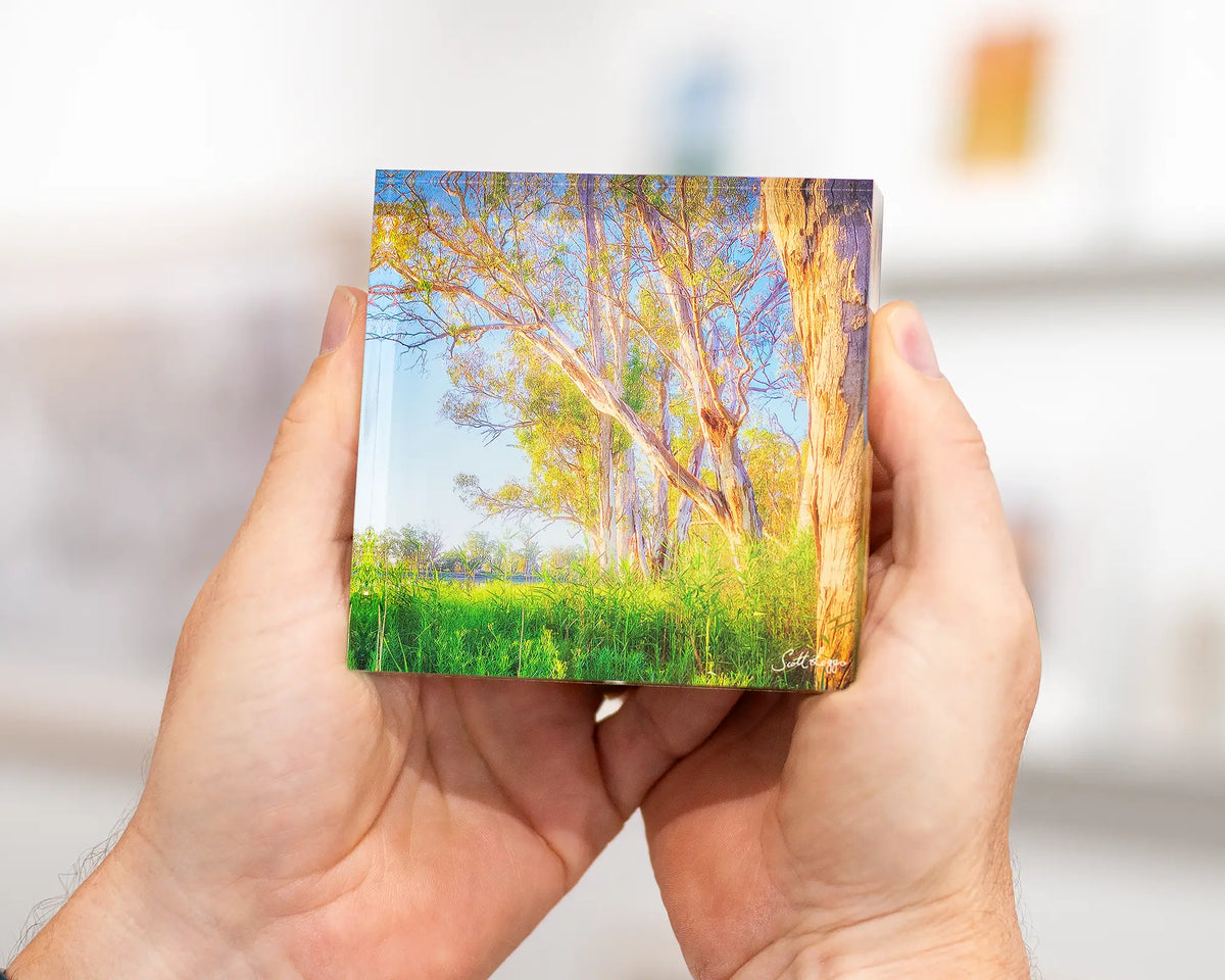 Leaning In acrylic block being held. 