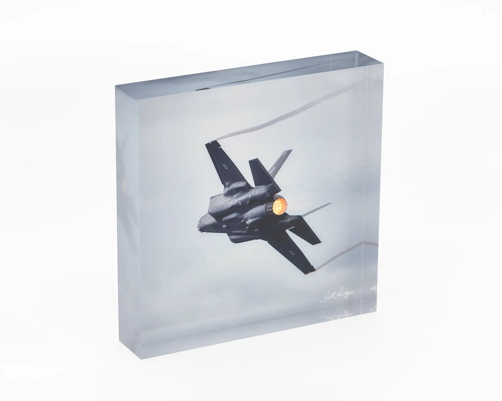 Lit aviation themed acrylic block - F-35 Joint Strike Fighter in afterburner. 