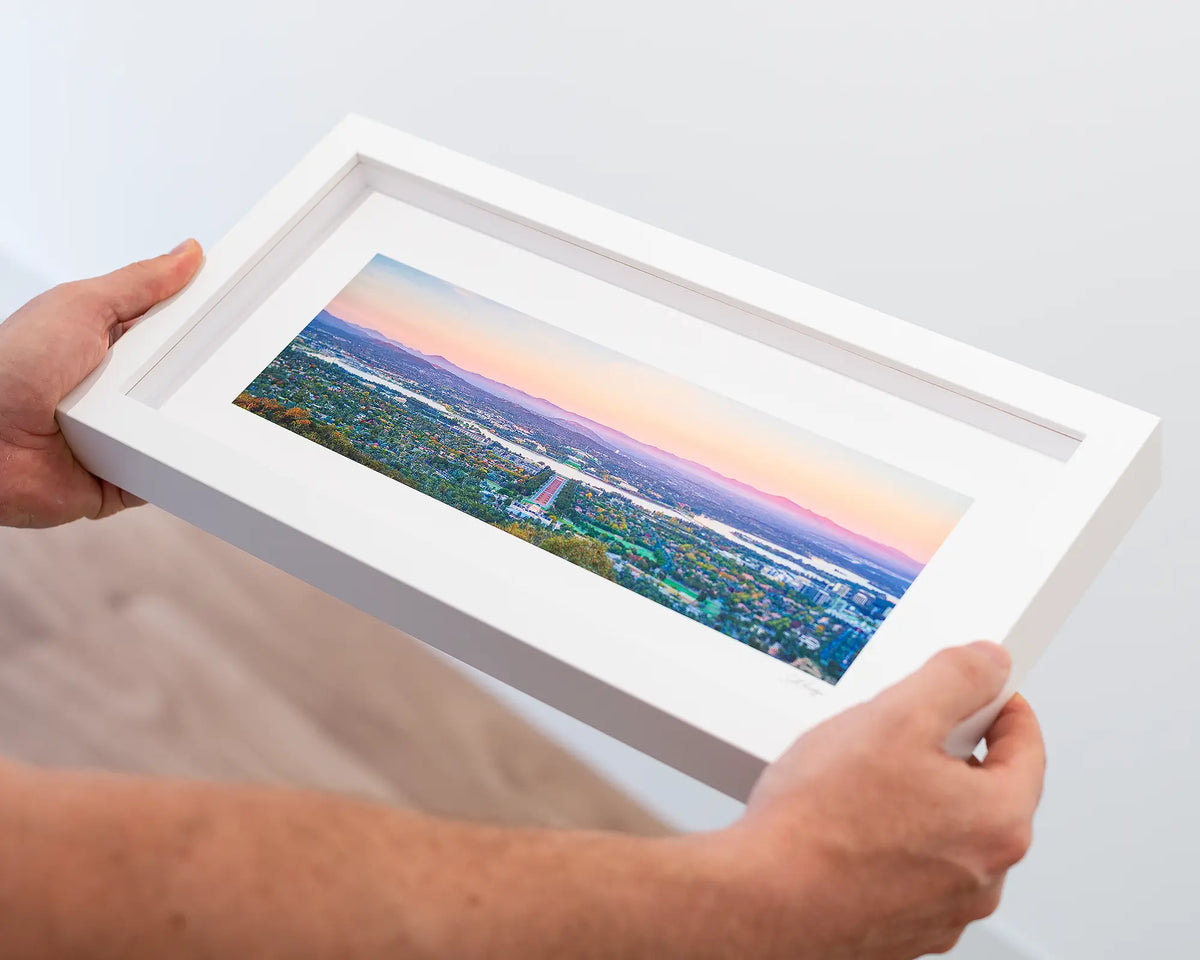 Marions View - Mount Ainslie sunrise, small framed print with white frame.