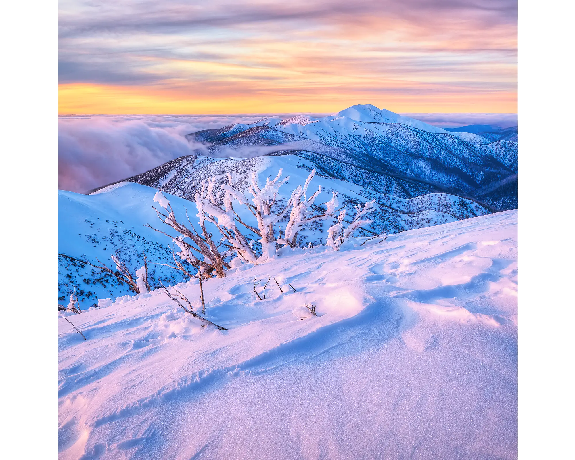 Memories Of Winter - sunset light over Mount Feathertop.