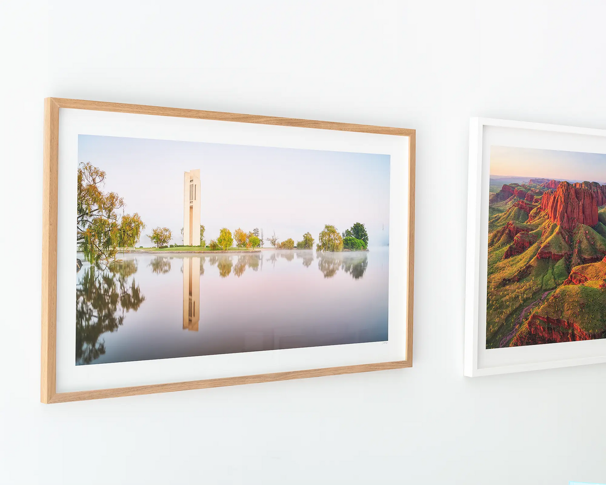 Reflective - Canberra Carillon, early morning fog, artwork in Tasmanian Oak frame, hanging on wall next to another artwork.