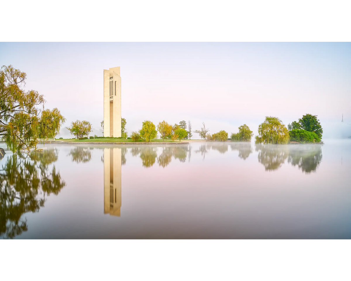 Reflective - Carillon with fog and reflections in Lake Burley Griffin, Canberra.