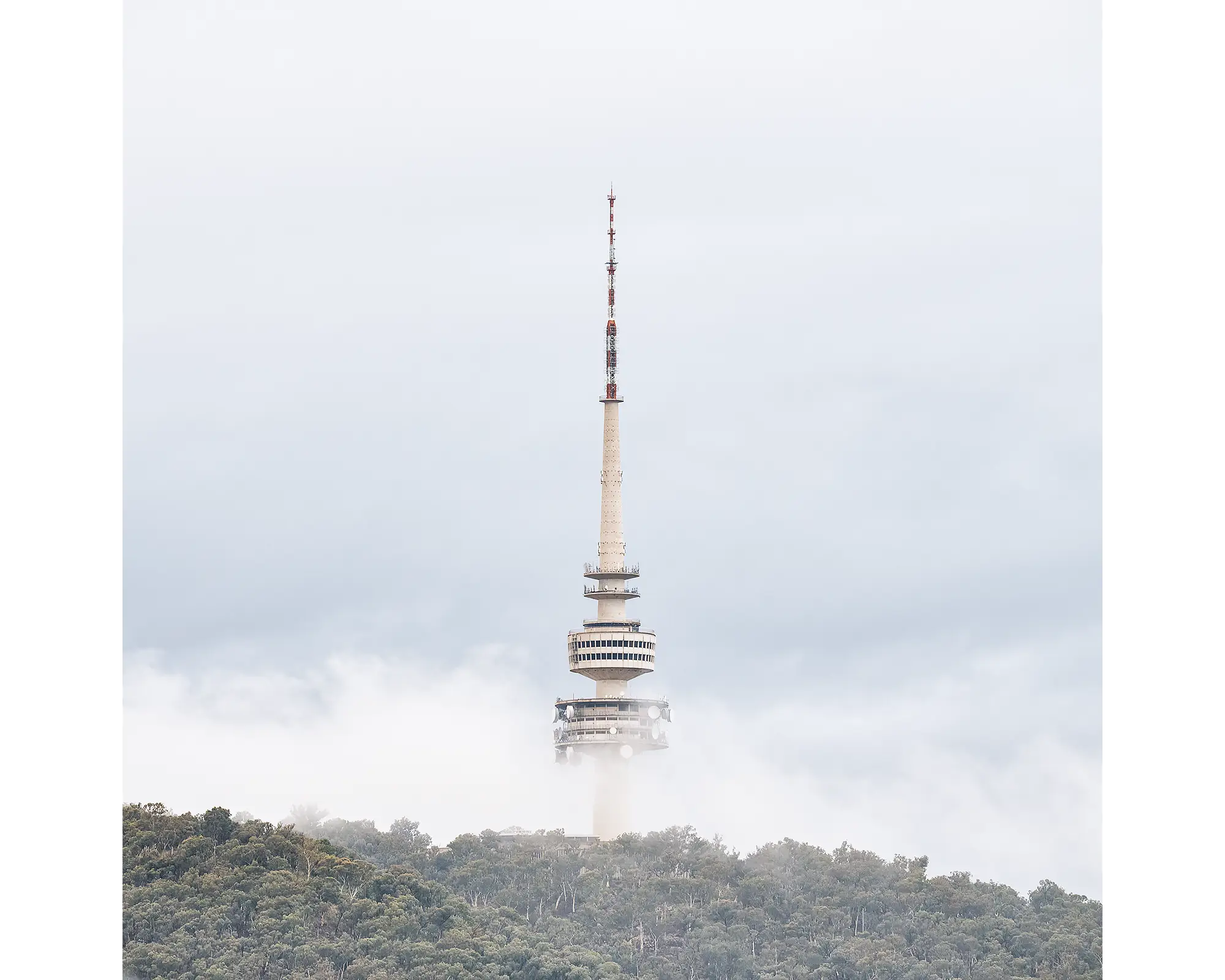 Rising. Telstra Tower on Black Mountain with fog, Canberra.