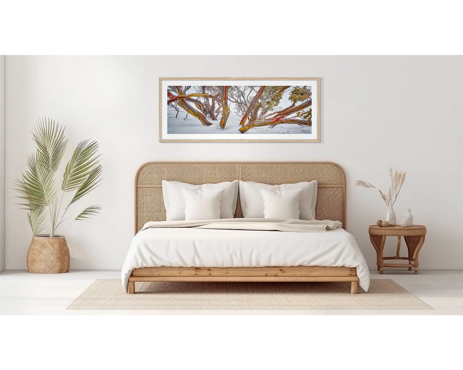 Snow Gum wall art in wood frame on bedroom wall