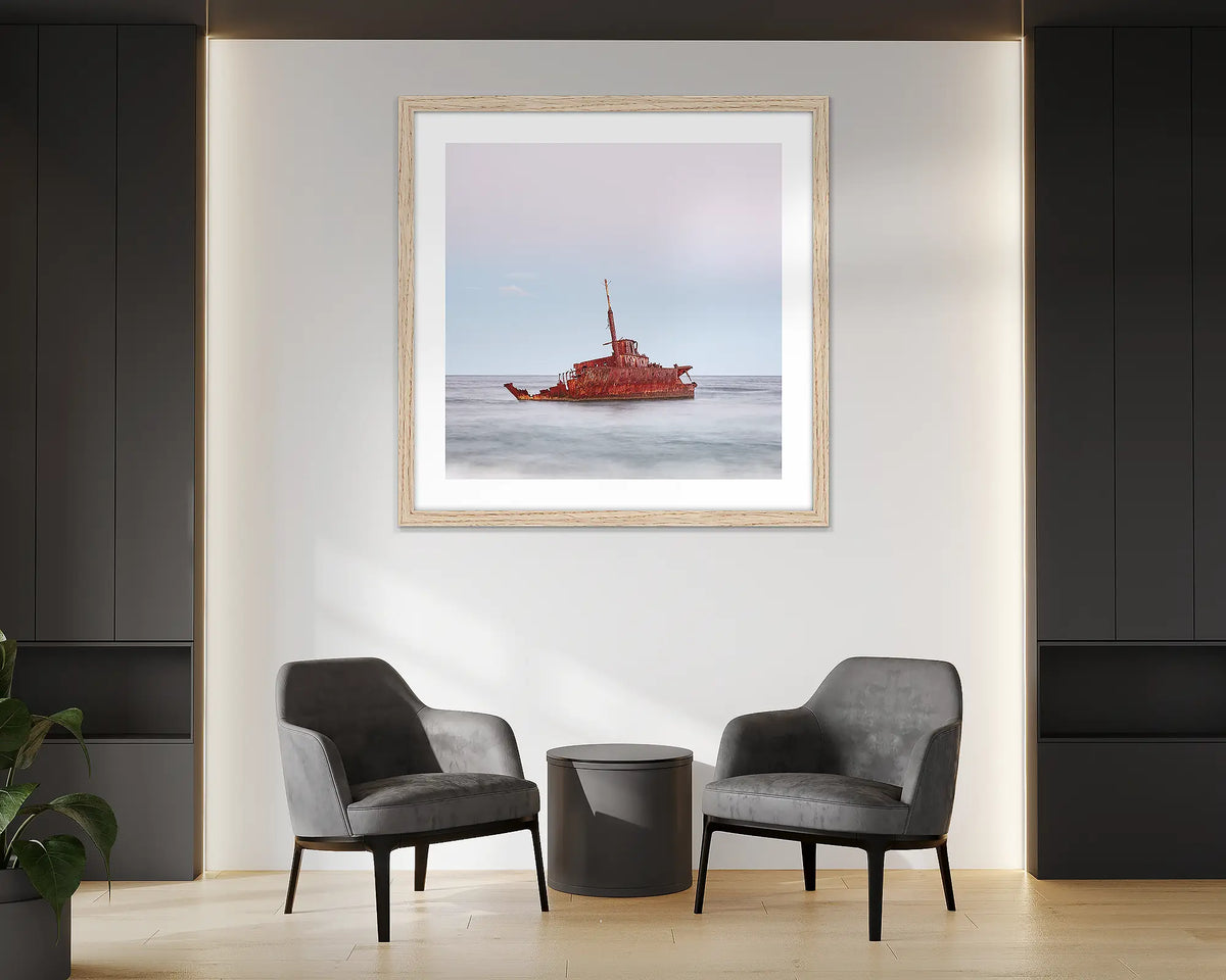 Abandoned. Wall art print of MV Sygna, Stockton Beach, Newcastle, framed in a Tasmanian Oak frame and hung in an office reception. 
