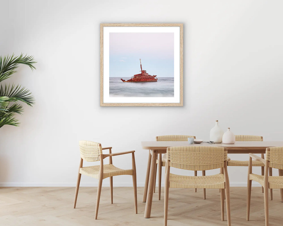 Abandoned. Wall art print of MV Sygna, Stockton Beach, Newcastle, framed in a Tasmanian Oak frame and hung on a kitchen wall. 
