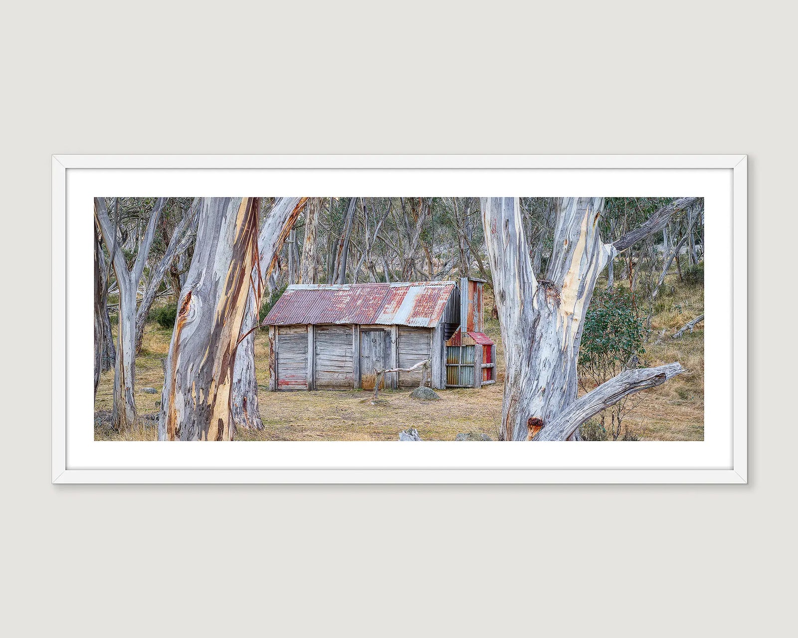 Framed photograph of Cascade Hut surrounded by gum trees on a plain background.