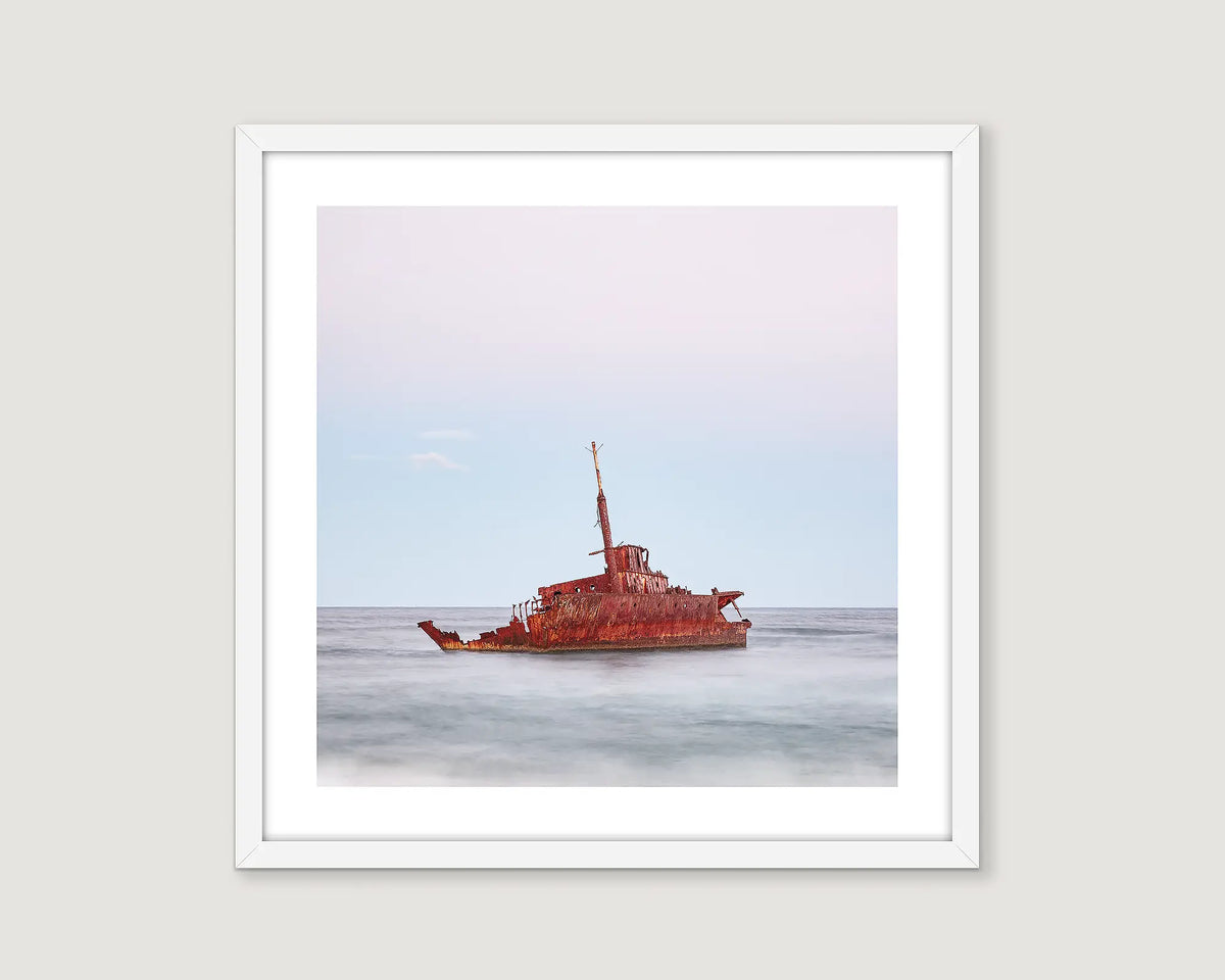 Framed photographic print of a ship wreck, the MV Sygna, Stockton, New South Wales.
