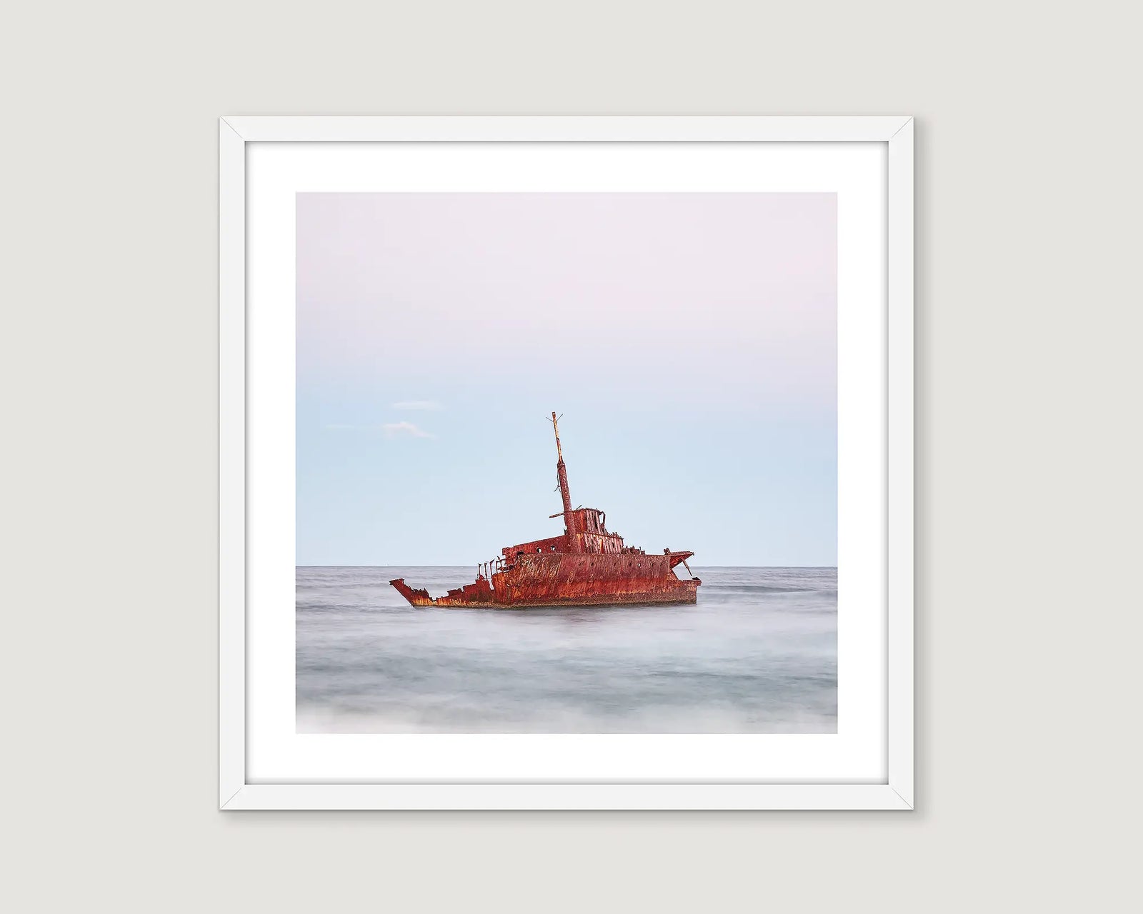 Framed photographic print of a ship wreck, the MV Sygna, Stockton, New South Wales.