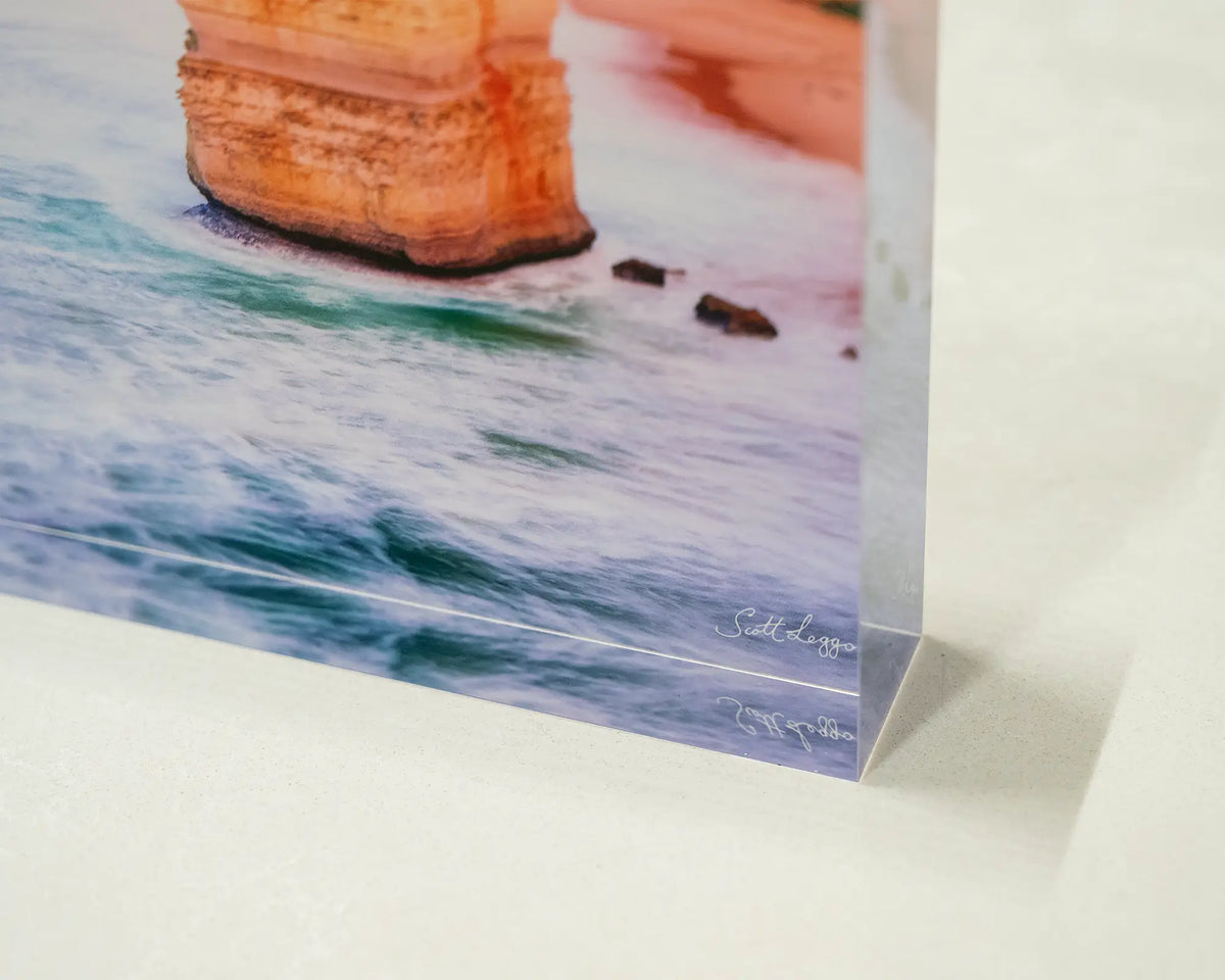 Against The Tide. Acrylic block Twelve Apostles, Great Ocean Road, Victoria, corner close-up details.