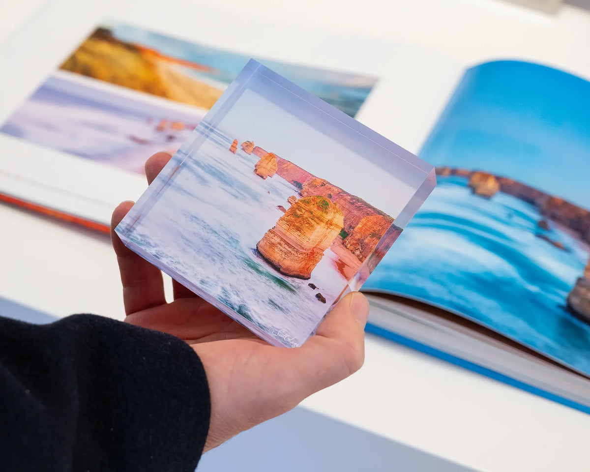 Against The Tide. Acrylic block Twelve Apostles, Great Ocean Road, Victoria, held in hand.