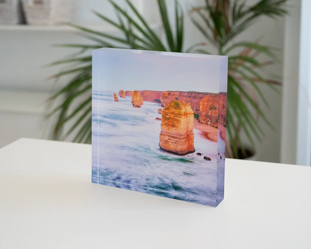 Against The Tide. Acrylic block Twelve Apostles, Great Ocean Road, Victoria, styled in a coastal home.