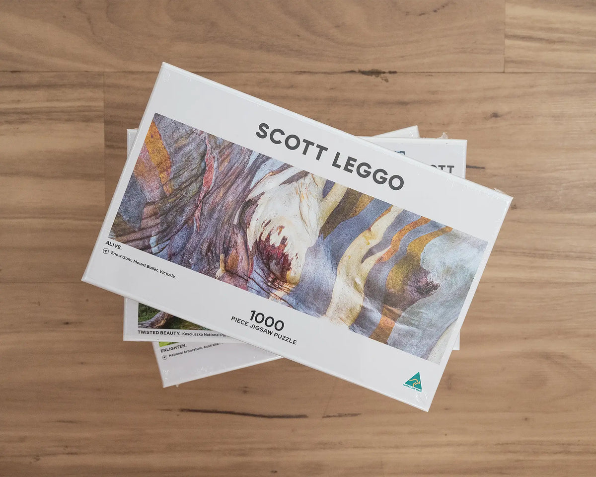 Alive. 100 piece jigsaw puzzle of colourful snow gum bark patterns, on top of a pile of jigsaw puzzles.