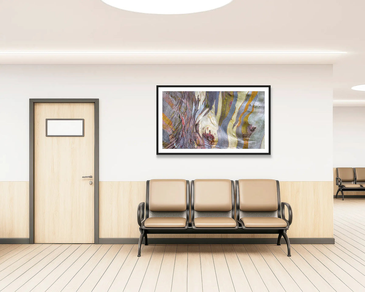 Alive. Abstract snow gum wall art print with a black frame, hung in a medical waiting area. 