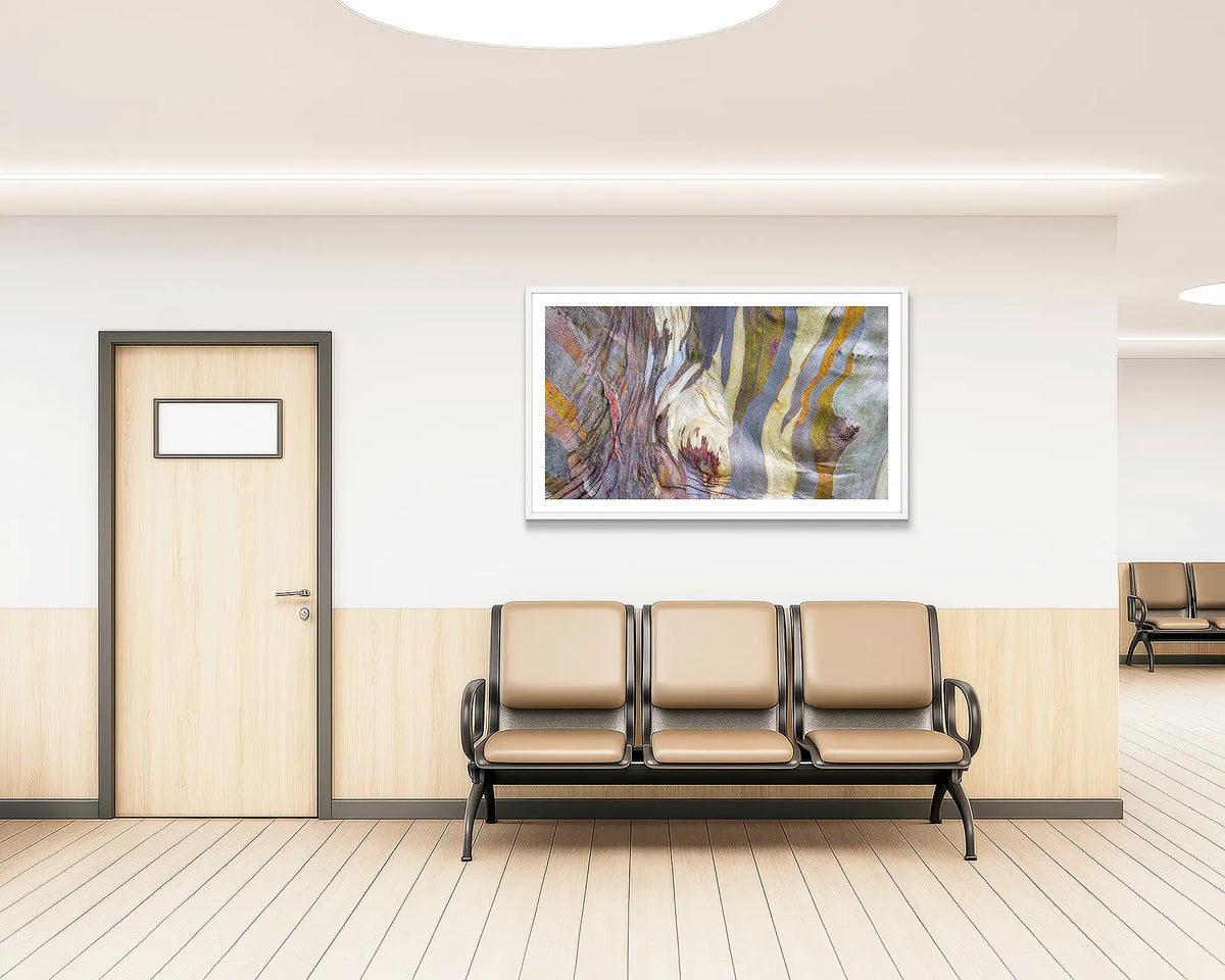 Alive. Abstract snow gum wall art print with a white frame, hung in a medical waiting area. 