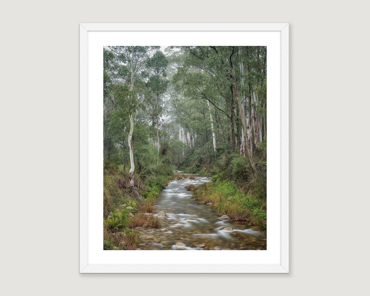 Framed photographic print water flowing at Eurobin creek through Australian bushland.