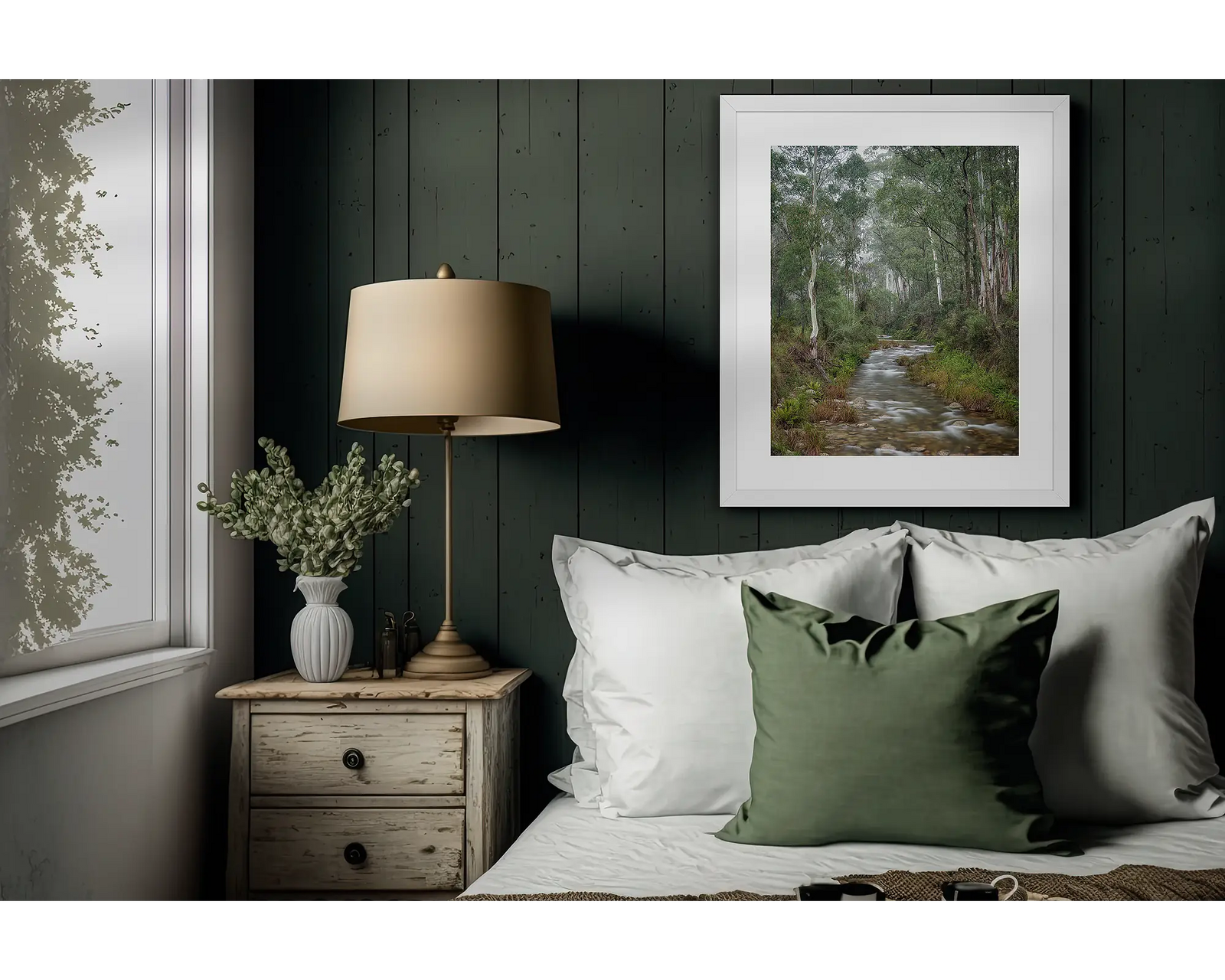 Framed photographic print water flowing at Eurobin creek through Australian bushland.