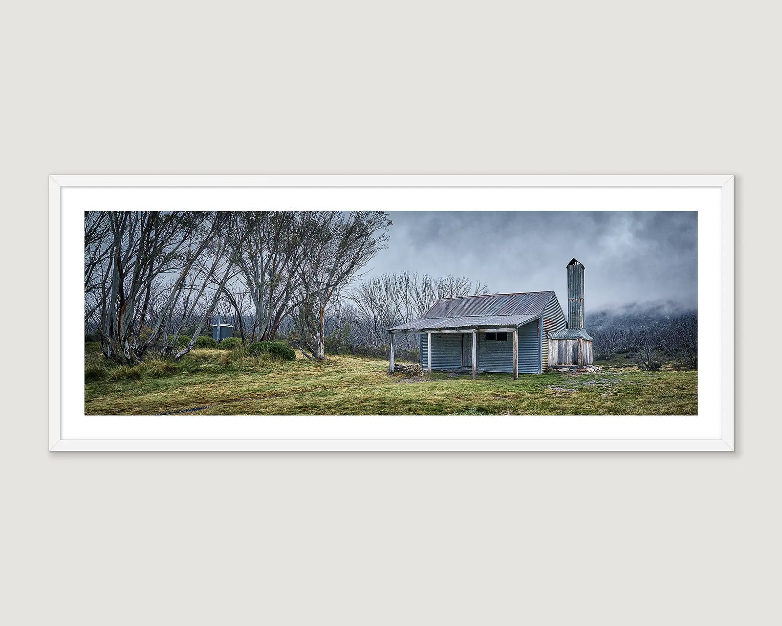 Framed photograph of Bradley's and O'Briens Hut, on the edge of Jagungal wilderness, Kosciuszko National Park. 