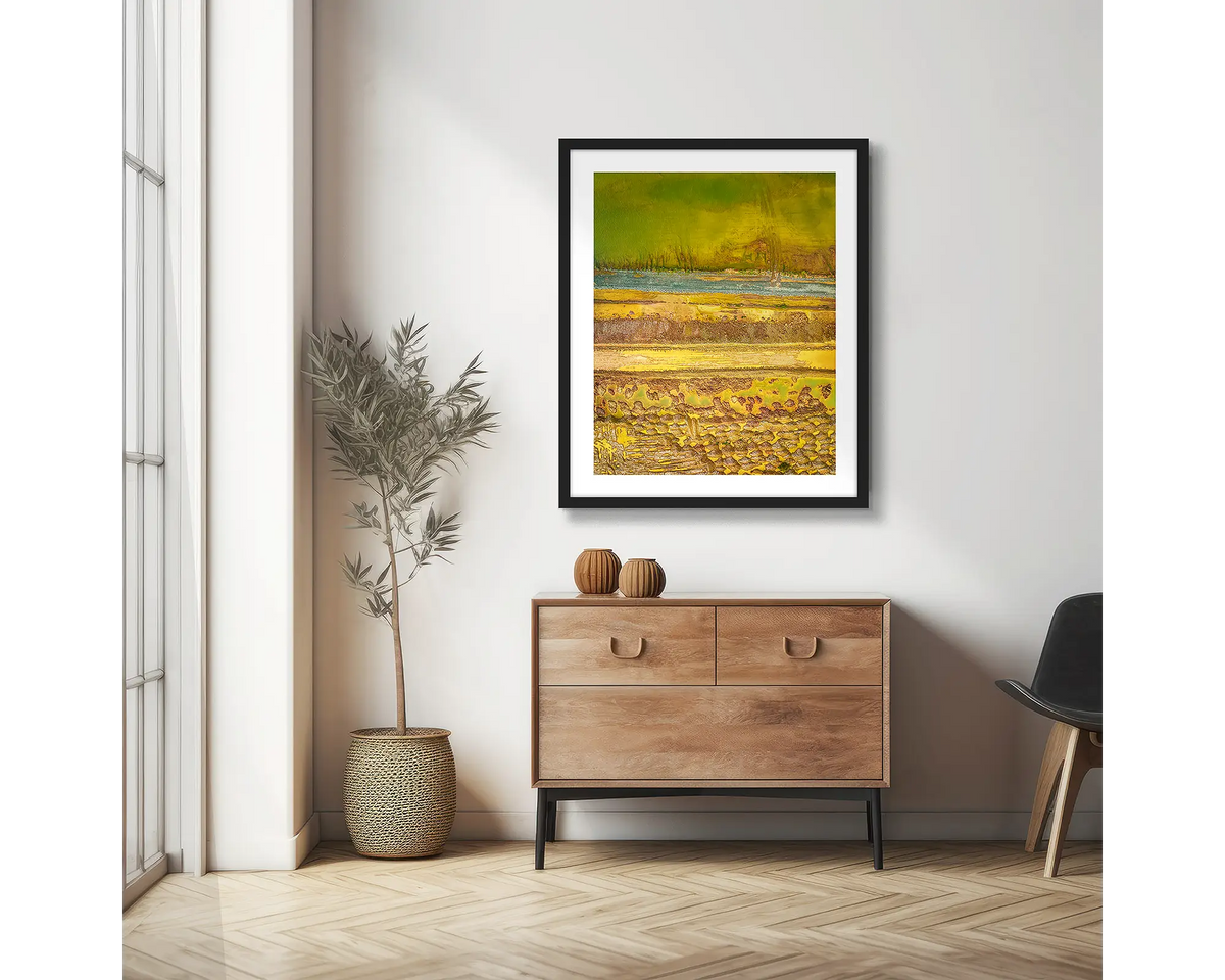 Amalgamation. Abstract photographic wall art print with a black frame, hung in a scandi hallway. 