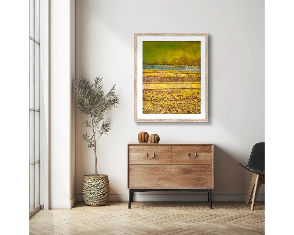 Amalgamation. Abstract photographic wall art print with a Tassie Oak frame, hung in a scandi hallway. 