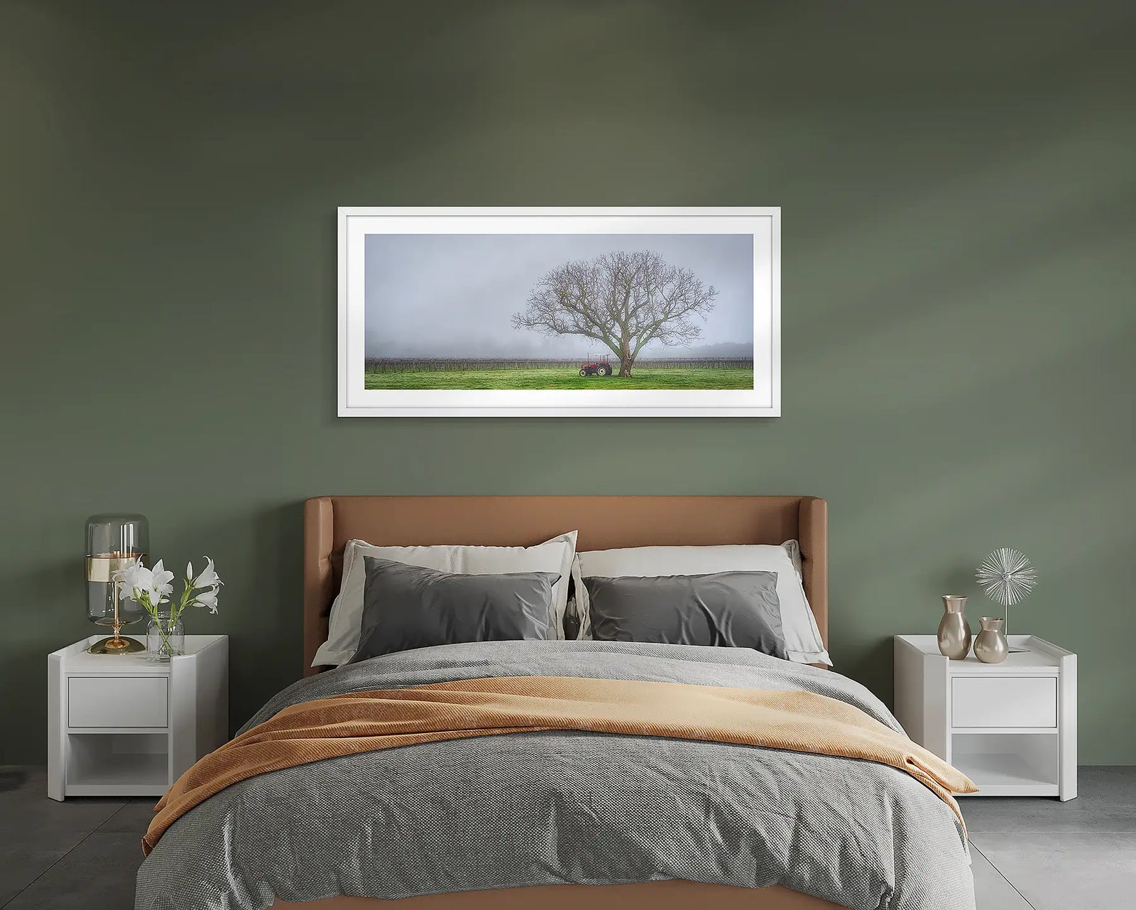 Framed wall art print of a tractor in fog, under a large tree on agricultural land, Alpine Shire. 