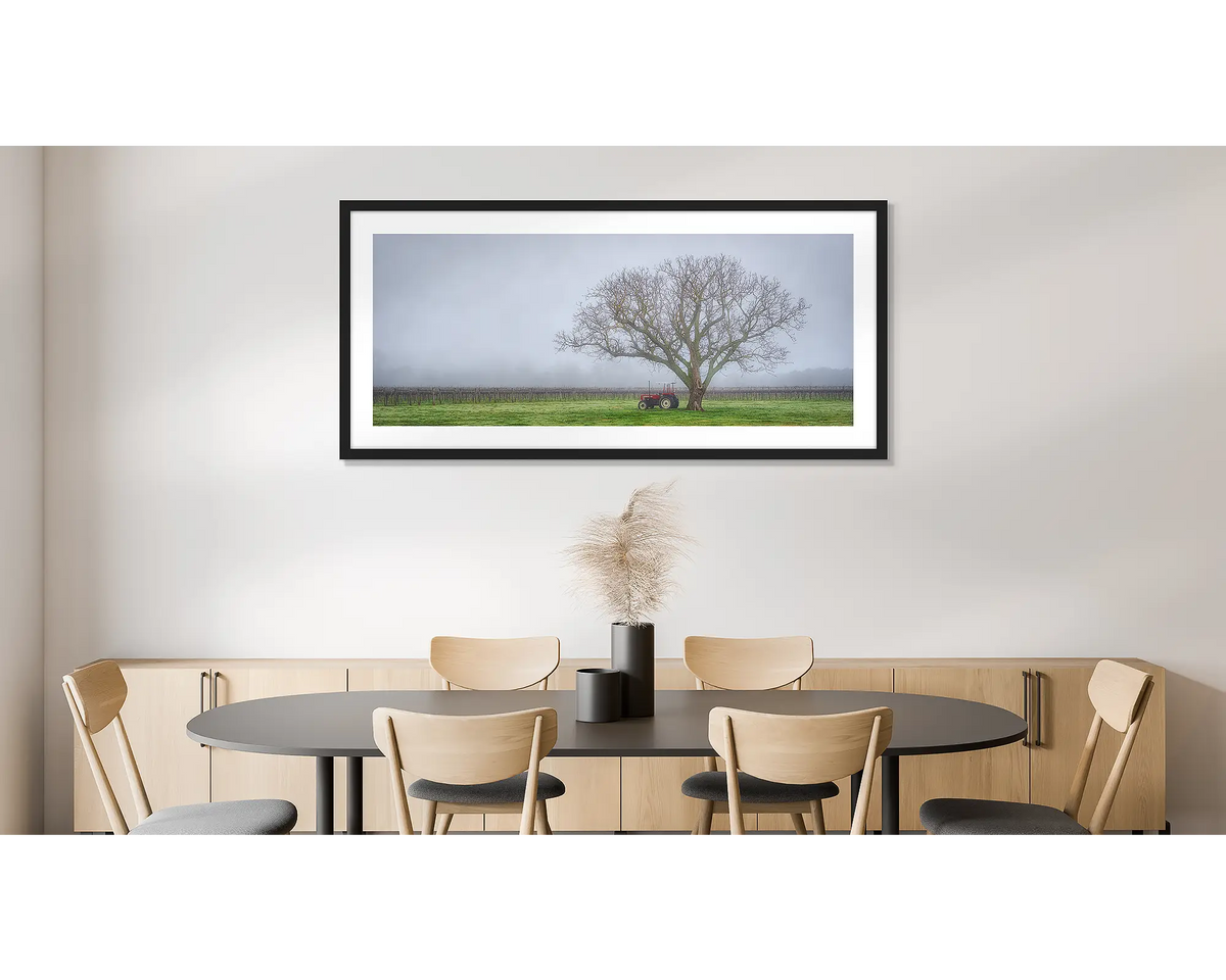 Amongst the Vines. Photographic wall art print of a winery in fog, framed in a black frame and hung on a dining room wall. 