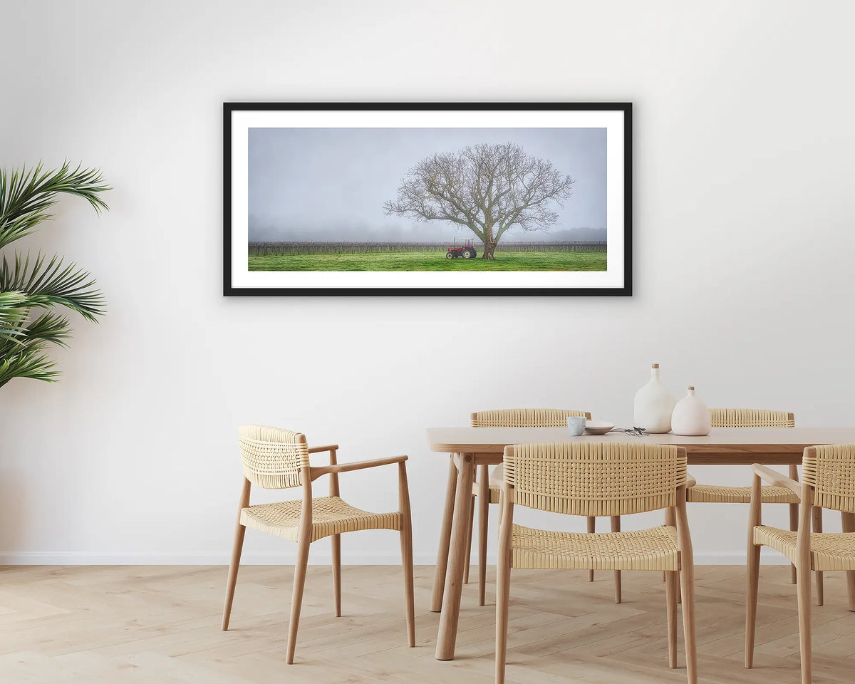 Amongst the Vines. Photographic wall art print of a winery in fog, with a black frame, hung in a dining room. 