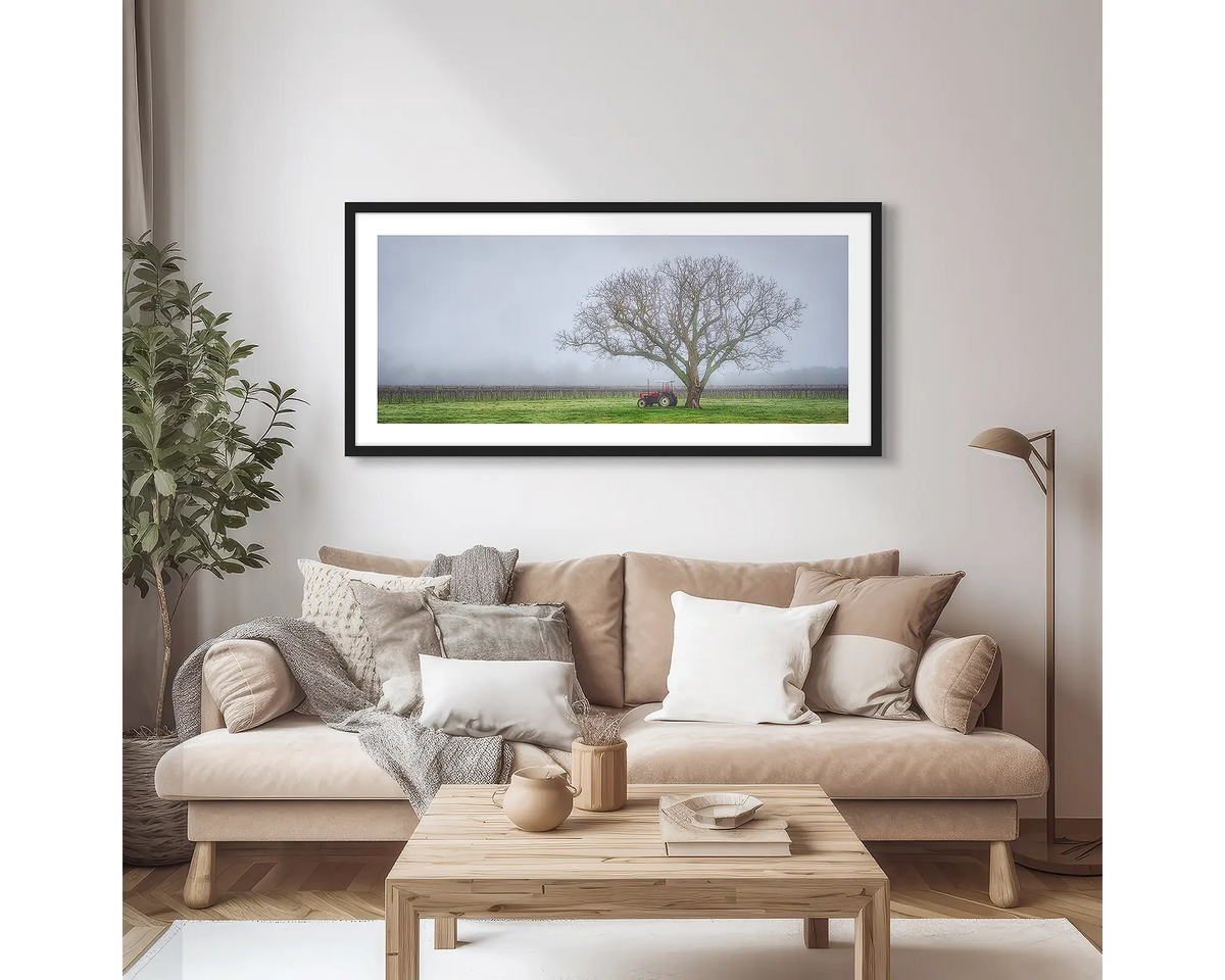 Amongst the Vines. Winery in fog, photographic wall art print with a black frame, hung in a scandi lounge room. 