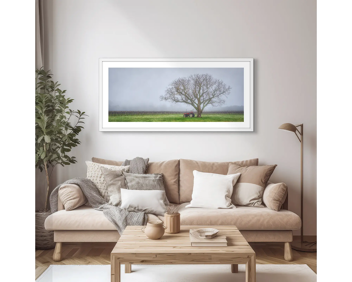 Amongst the Vines. Winery in fog, photographic wall art print with a white frame, hung in a scandi lounge room. 