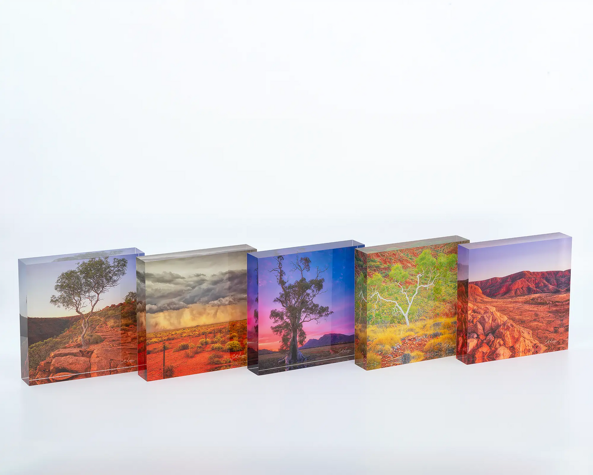 Ancient Dawn acrylic block sitting on desk with other Outback artwork square acrylic blocks.
