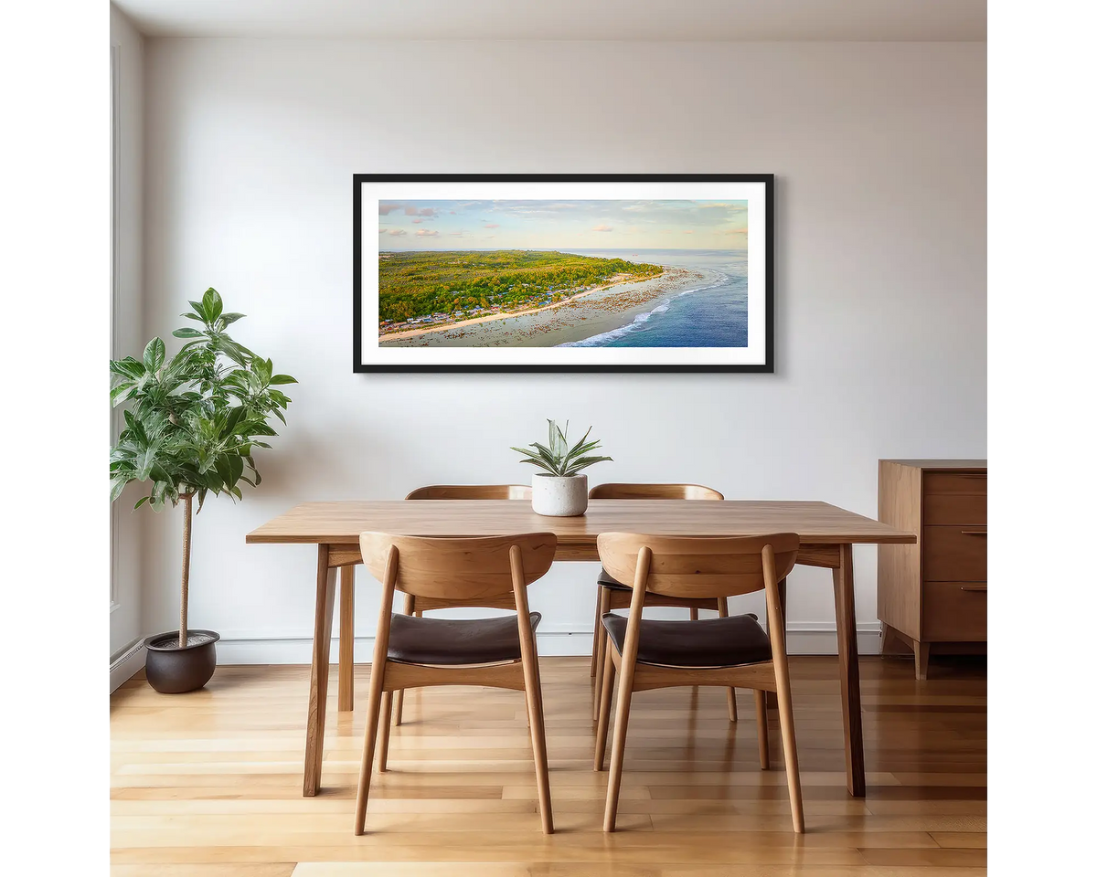 Anetan Awakes. Nauru photographic artwork with a black frame, hung in a kitchen. 