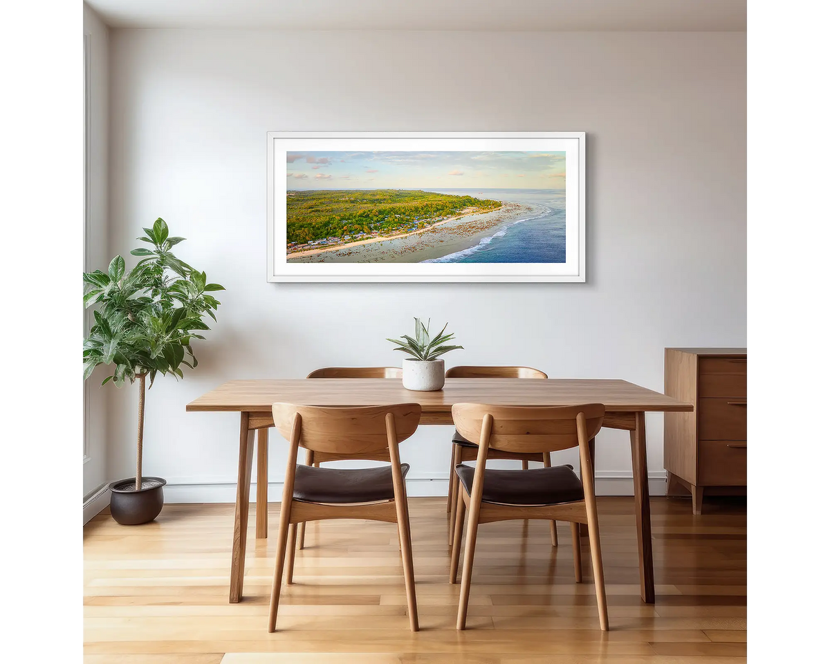 Anetan Awakes. Nauru photographic artwork with a white frame, hung in a kitchen. 