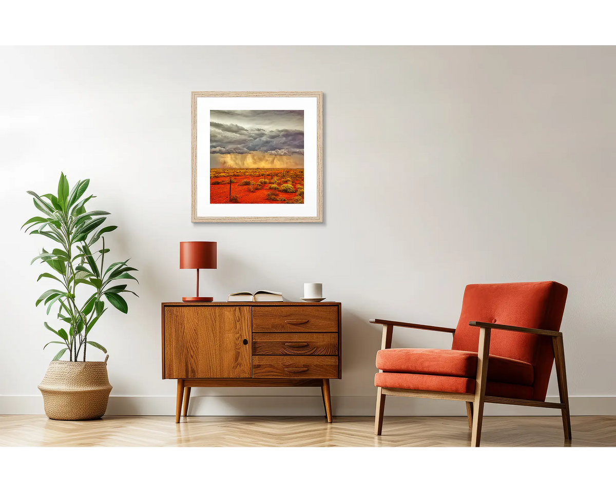 Approaching Storm. Outback artwork in a Tasmanian Oak frame, in a retro styled interior. 