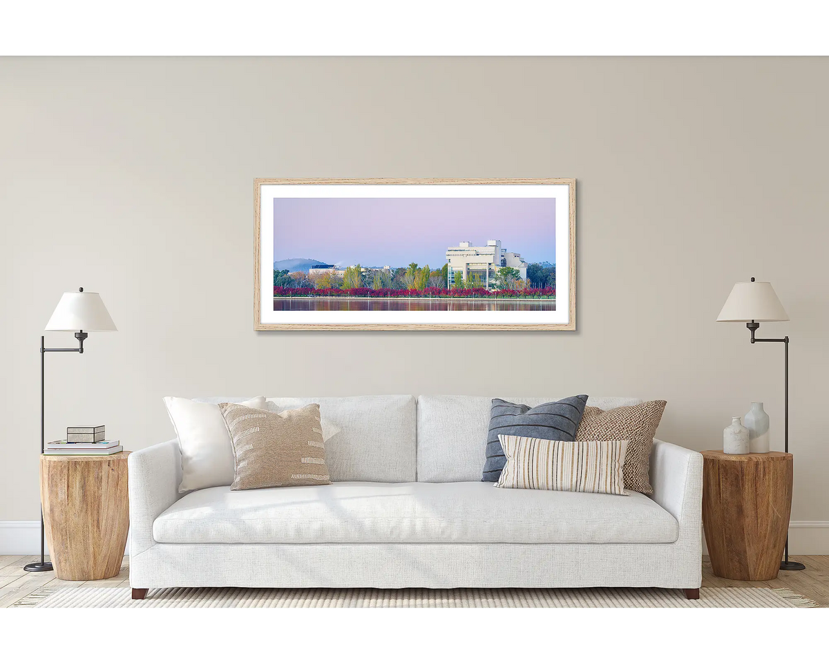 Art and Law. Wall art print of the High Court and National Gallery, framed with a Tasmanian Oak frame and hung above a couch. 