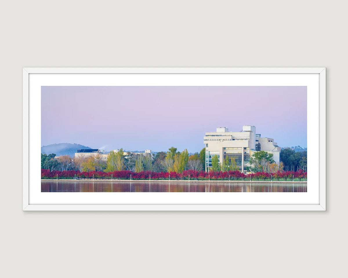 Framed wall art print of the High Court and National Gallery on an autumn day in Canberra. 