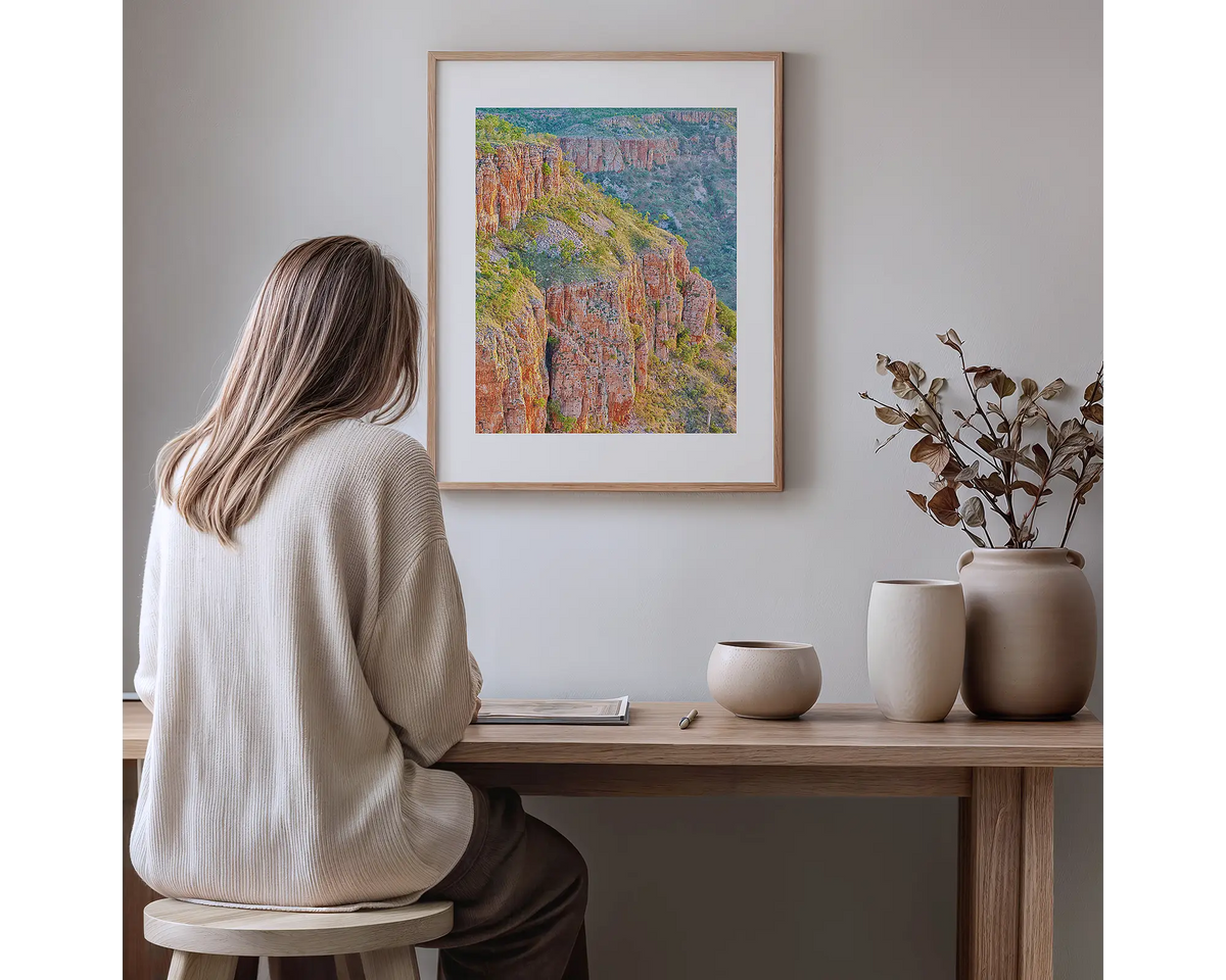 Ascension. Kimberley photography artwork with a timber frame, hung in a study nook. 