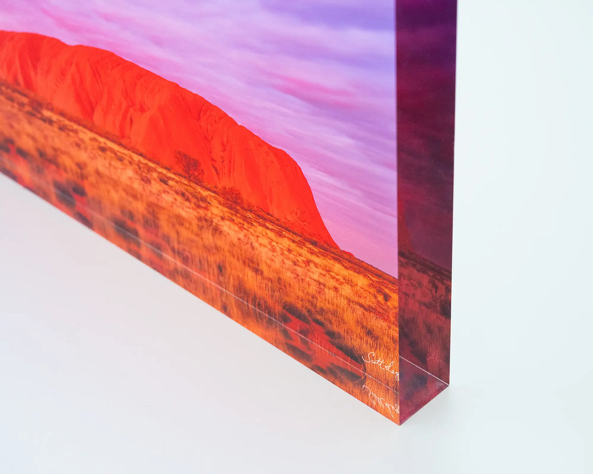 Australian Icon. Acrylic block of Uluru at sunset, Northern Territory, close-up corner details.