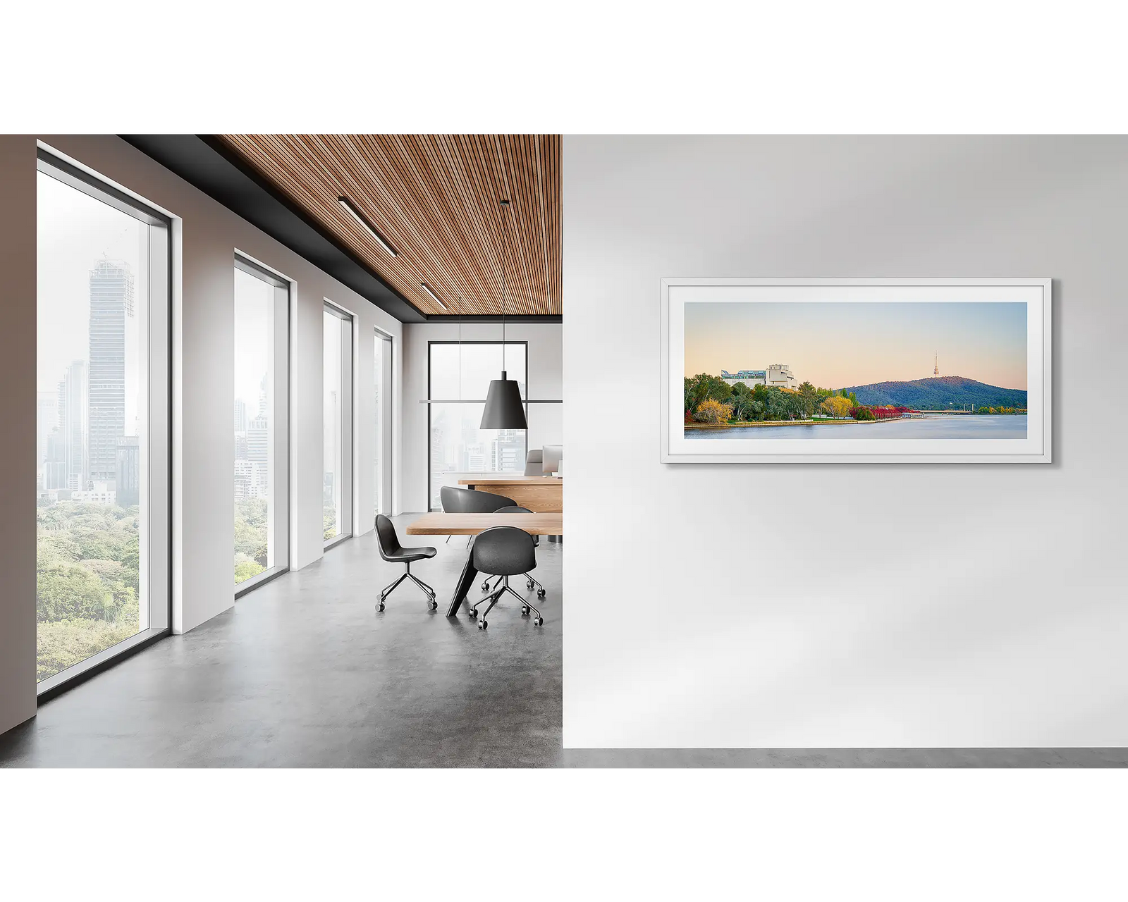 Framed wall art print of Lake Burley Griffin on an Autumn day, featuring the Law Courts and Black Mountain. 