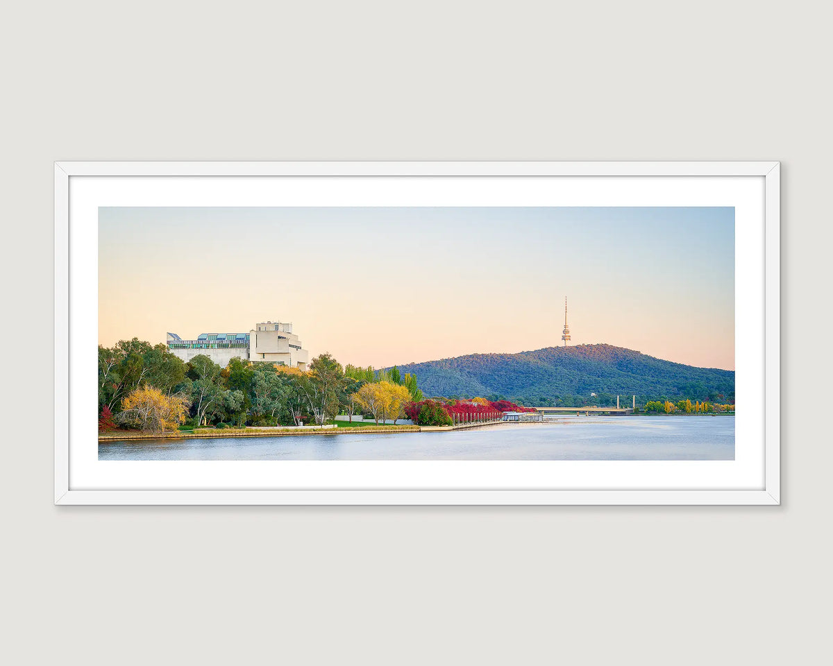 Framed wall art print of Lake Burley Griffin on an Autumn day, featuring the Law Courts and Black Mountain. 