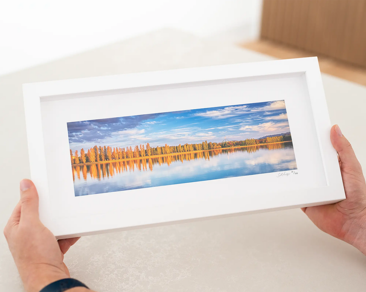 Autumn By The Lake small framed print with white frame.