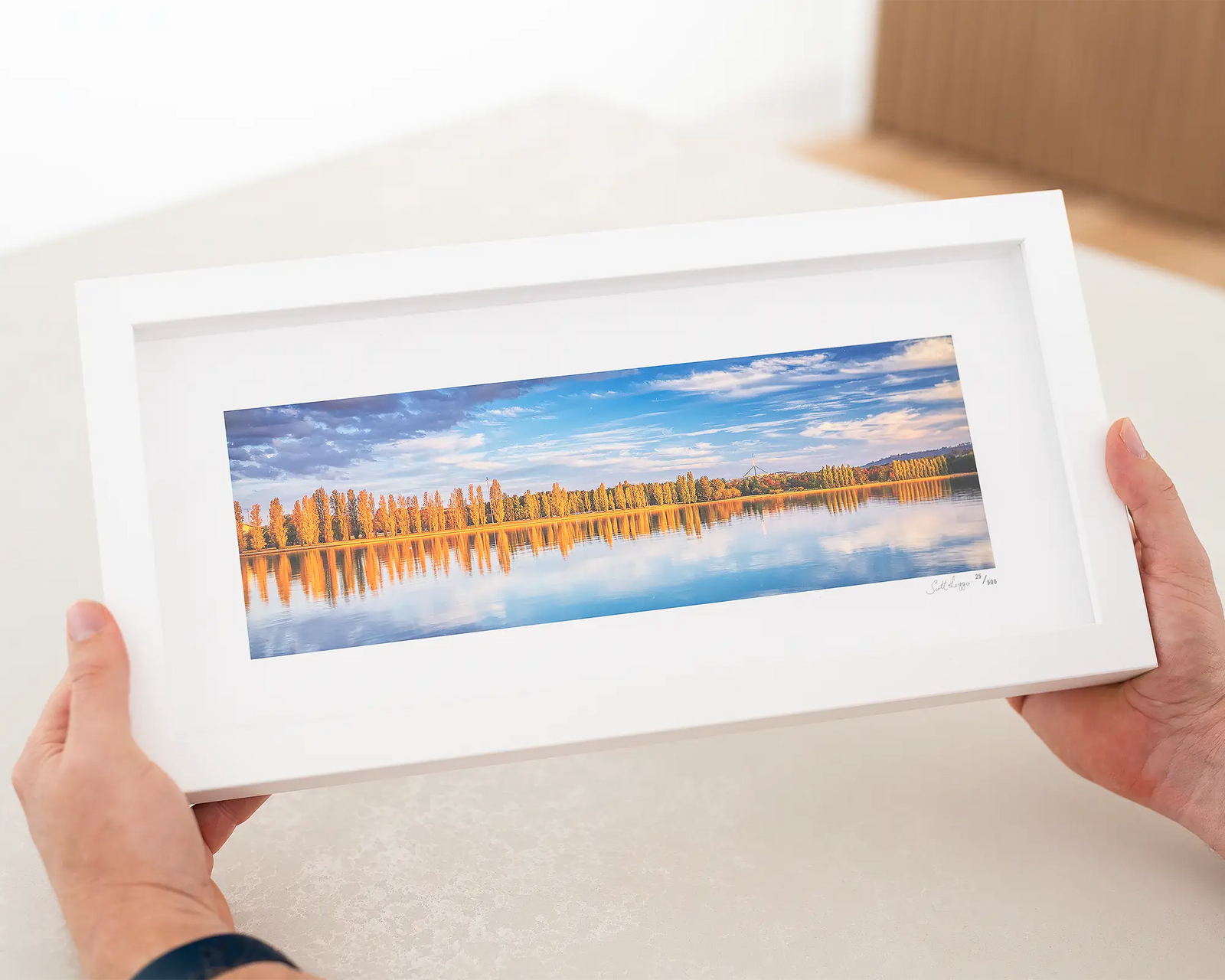 Framed photographic print of Poplar trees turning gold in Autumn, beside Lake Burley Griffin in Canberra with Parliament House in the background. 