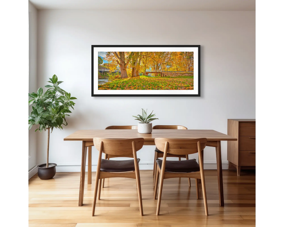 Autumn by the Murray. Photographic artwork with a black frame, hung in a kitchen. 