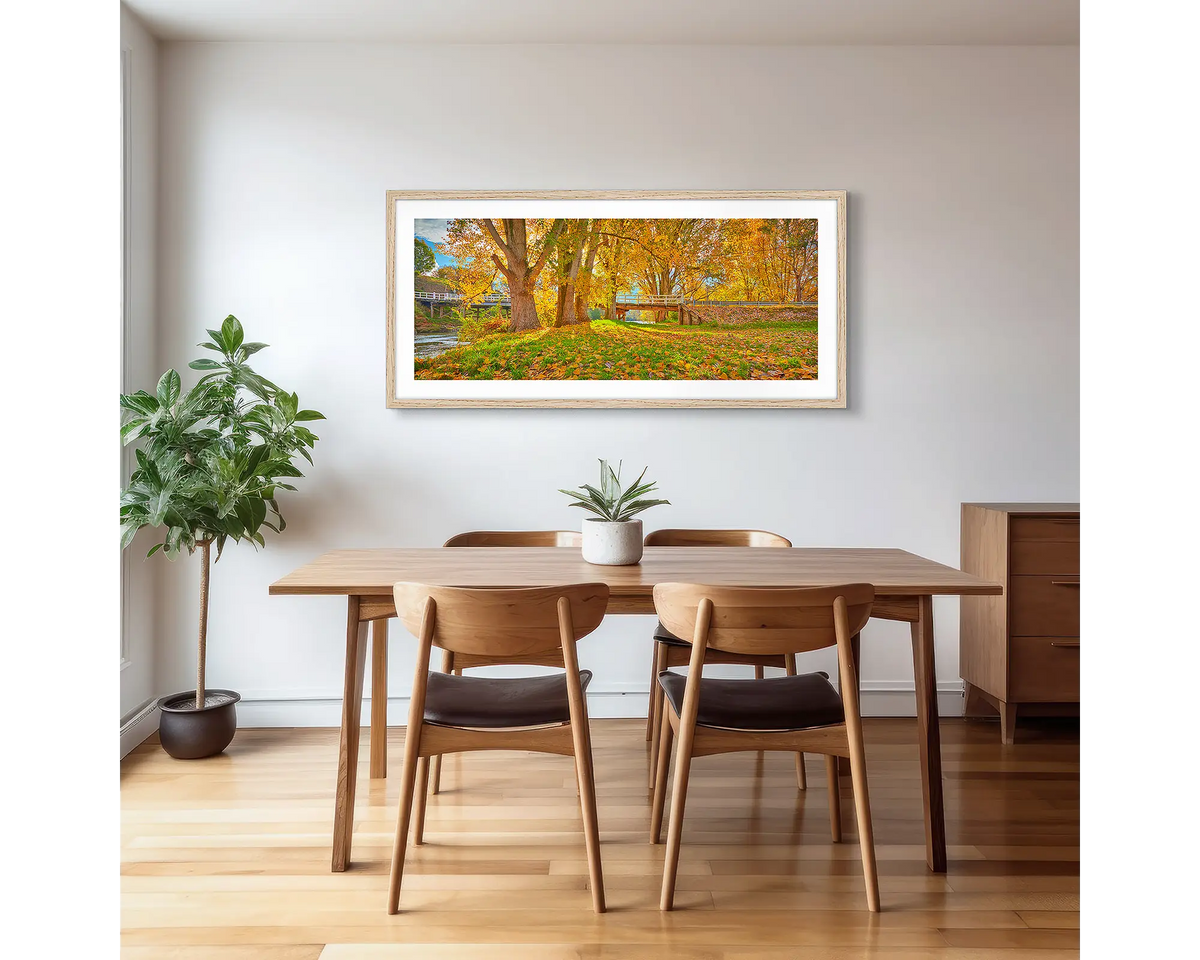 Autumn by the Murray. Photographic artwork with a timber frame, hung in a kitchen. 